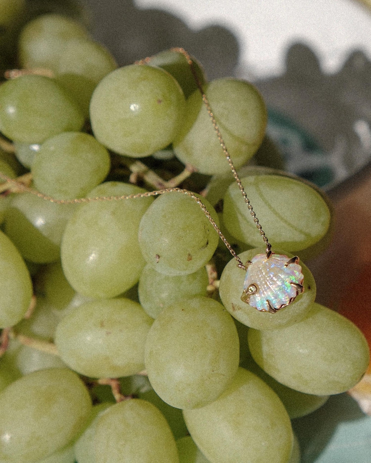Opallios Sea Shell Necklace draped on grapes – creative lifestyle shot